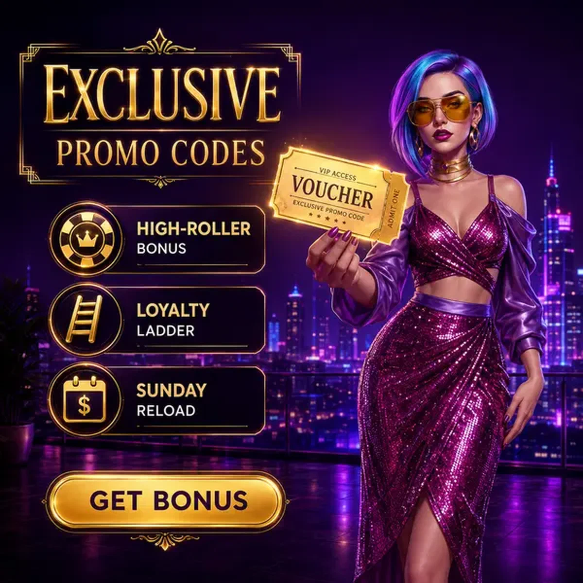 Glowing promo code voucher held by elegant woman at BroWinner exclusive penthouse terrace