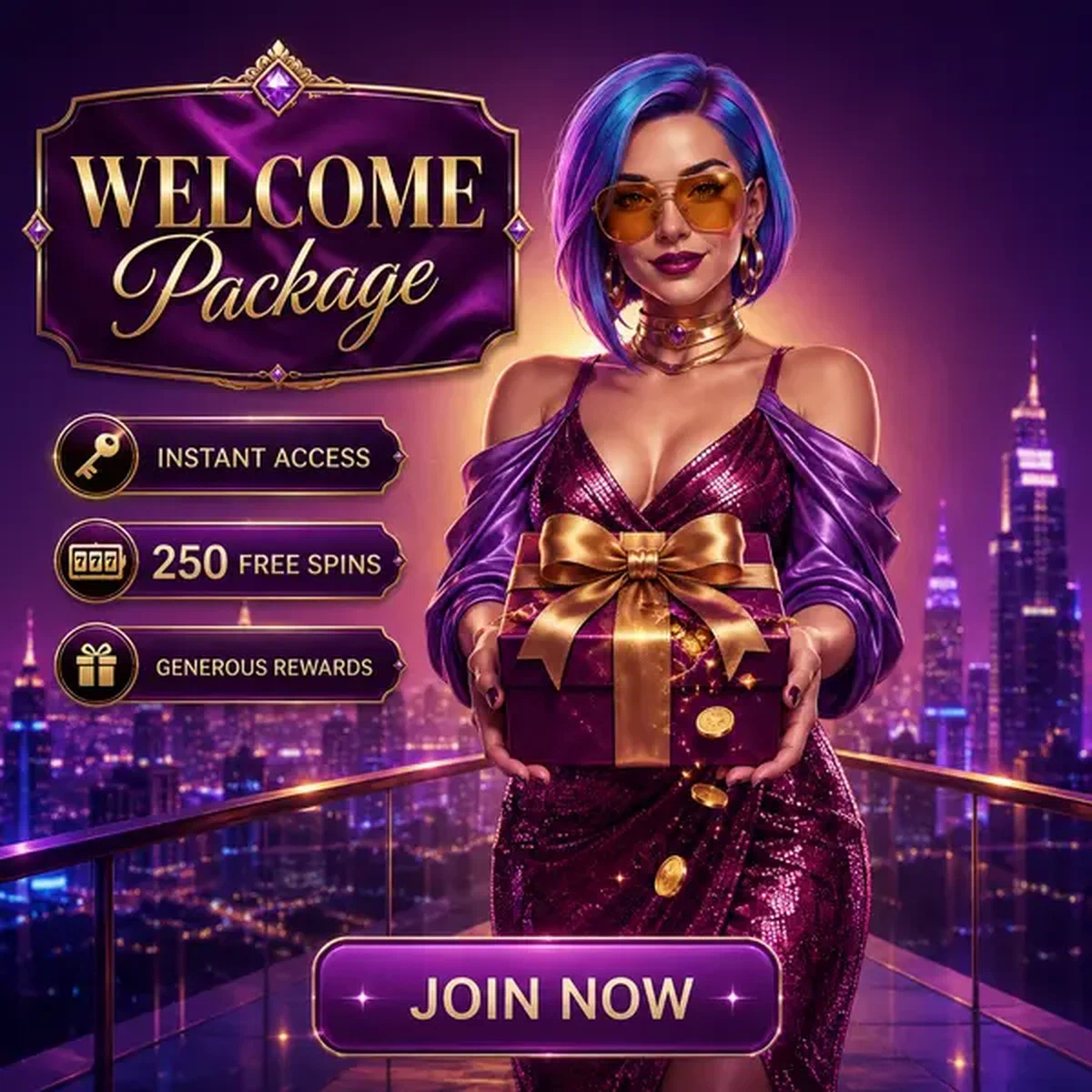 Elegant hostess presenting BroWinner Casino welcome package on luxury terrace overlooking neon city