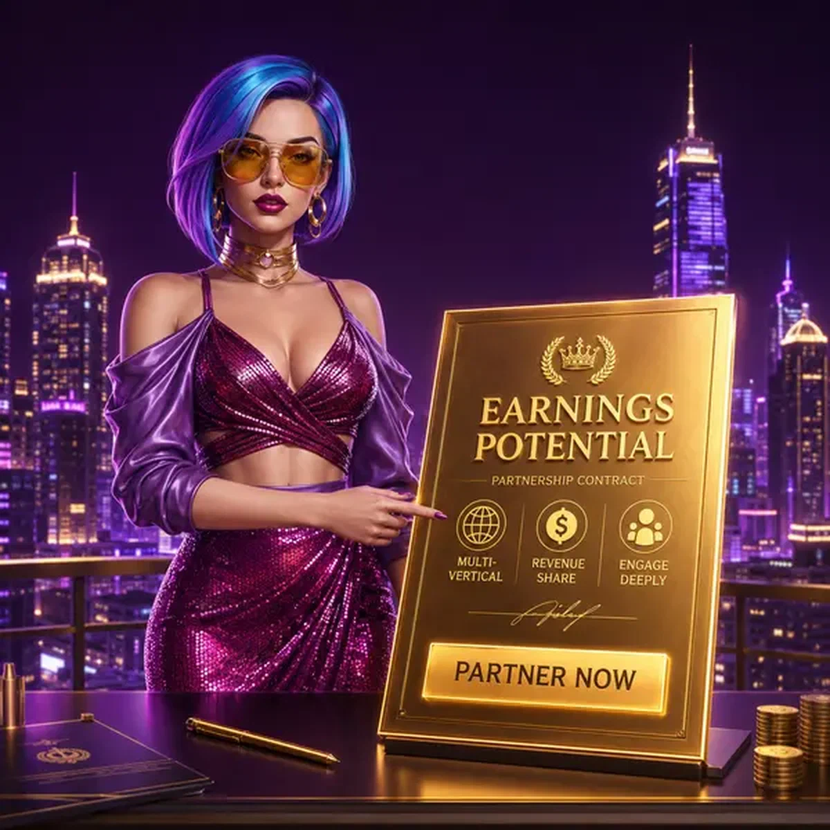 Skyline Diva presents affiliate partnership contract on futuristic rooftop with city lights