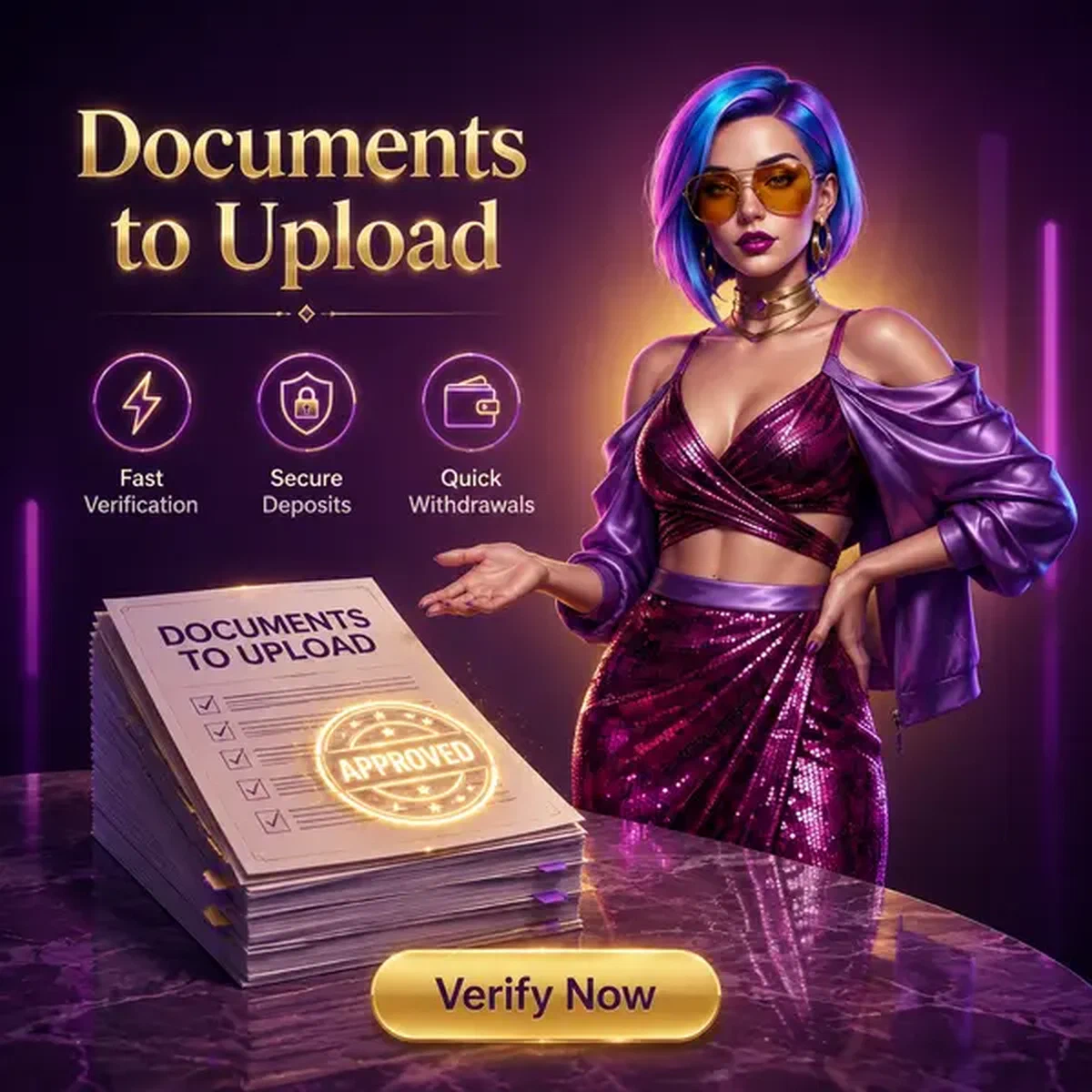 Player verifying documents at BroWinner with glowing approval stamps