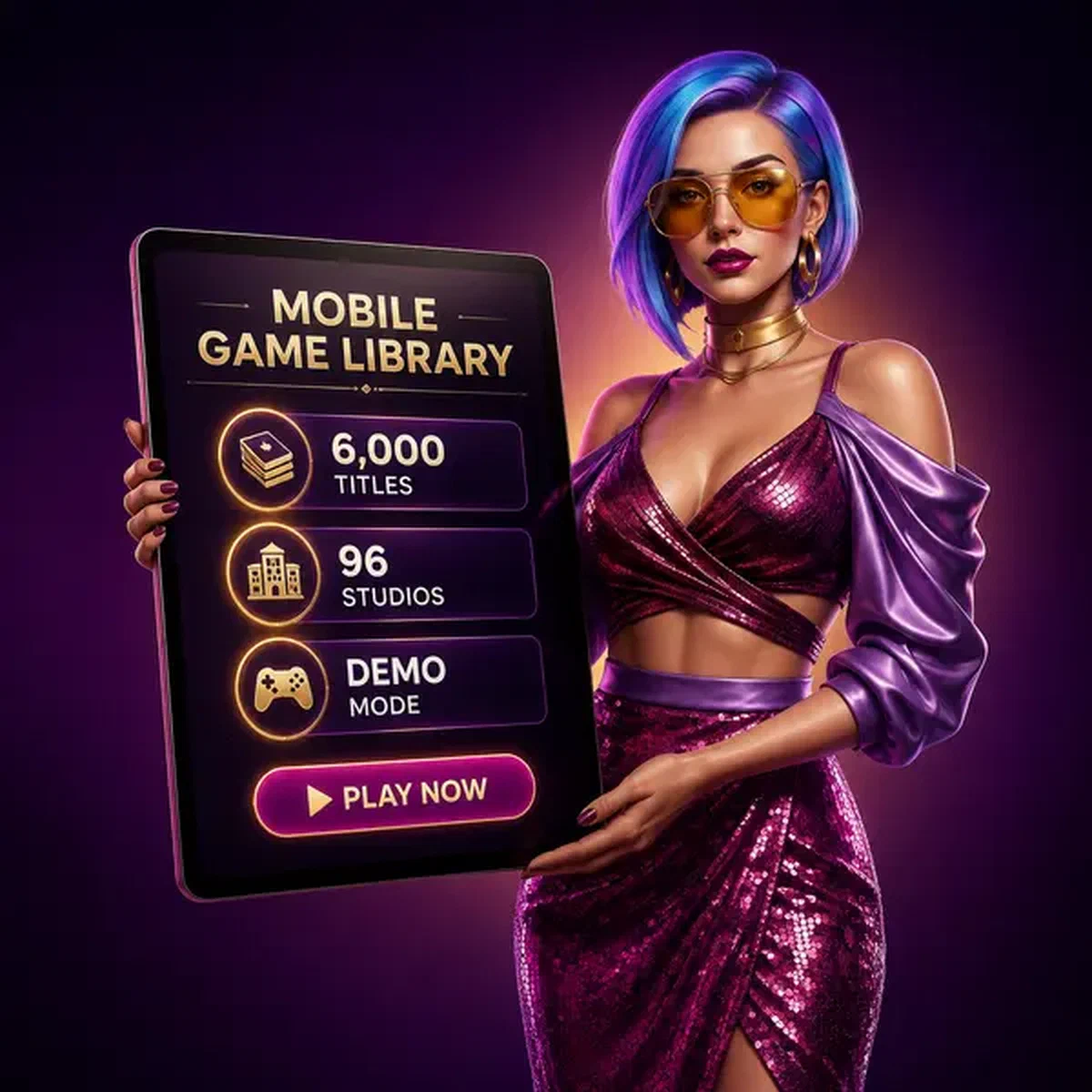 Elegant hostess showcasing [Brand] mobile app library with thousands of gaming titles