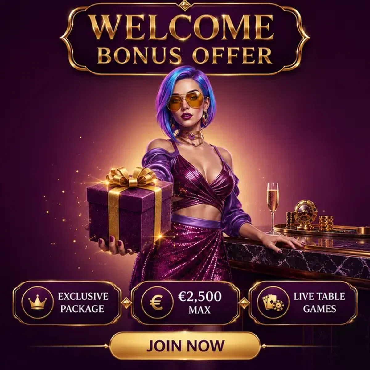 The Skyline Diva presenting welcome bonus gift at live casino tables with €2,500 package offer