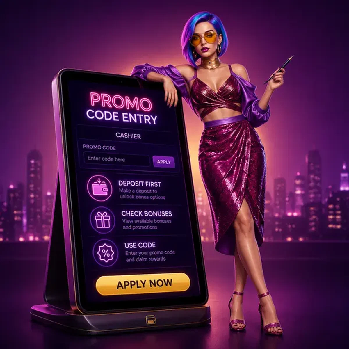 BroWinner promo code entry interface with digital balance and violet cityscape glow